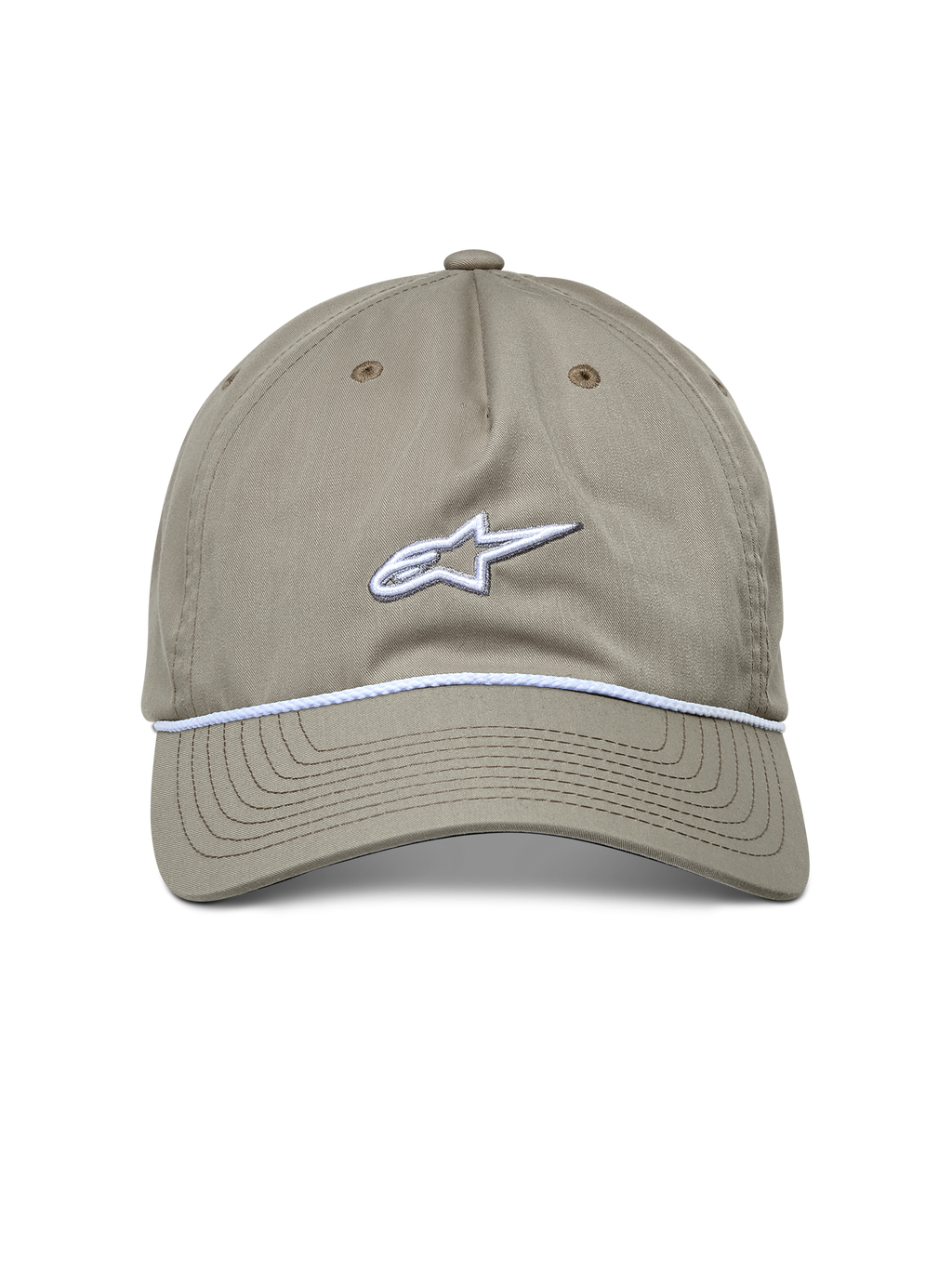 Alpinestars Tyler pet, casual sportswear pet, khaki, vooraanzicht met wit geborduurd logo en gevlochten koordafwerking, gebogen klep, ongestructureerde lage kroon