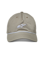 Alpinestars Tyler pet, casual sportswear pet, khaki, vooraanzicht met wit geborduurd logo en gevlochten koordafwerking, gebogen klep, ongestructureerde lage kroon