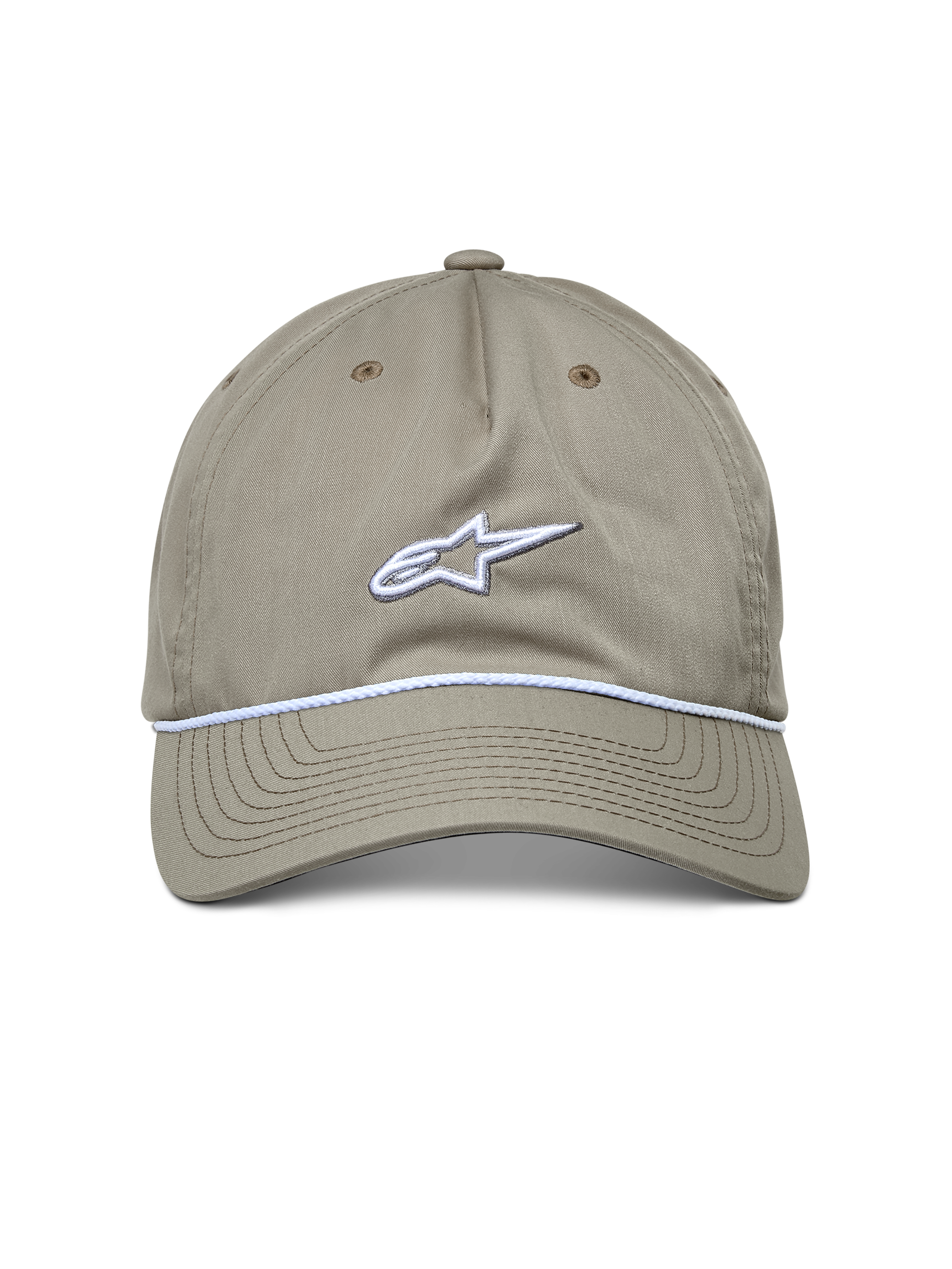 Alpinestars Tyler pet, casual sportswear pet, khaki, vooraanzicht met wit geborduurd logo en gevlochten koordafwerking, gebogen klep, ongestructureerde lage kroon