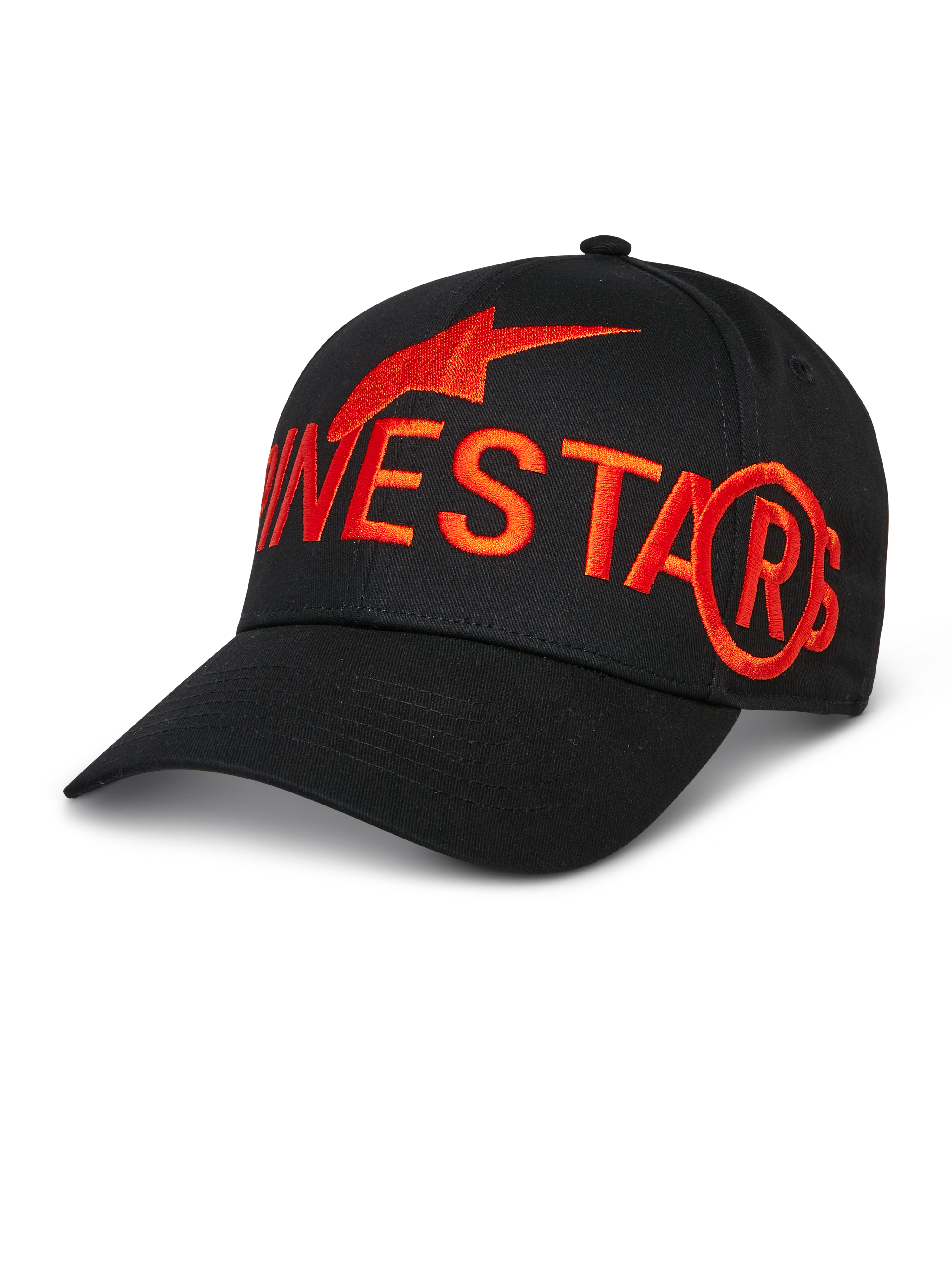 Alpinestars Committed pet, zwarte baseballcap, groot rood geborduurd logo en stersymbool, gebogen klep, gestructureerde kroon, casual sportswear lifestyle pet