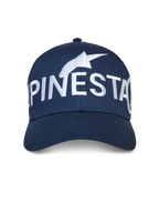 Alpinestars Committed pet, marineblauw, snapback baseballcap, met een groot wit geborduurd Alpinestars-logo op de voorkant, gestructureerde kroon met een gebogen klep, casual motorsport streetwear