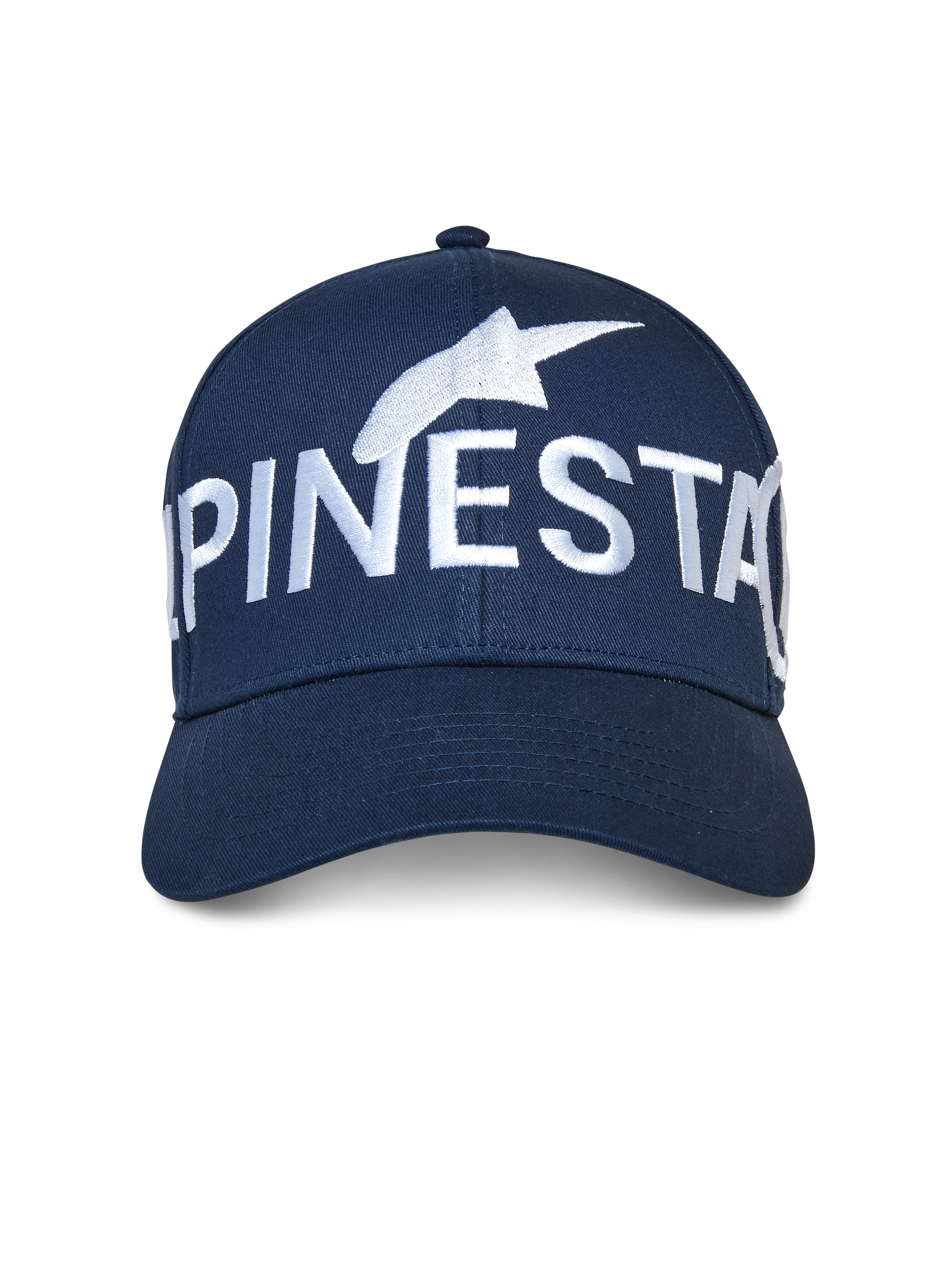 Alpinestars Committed pet, marineblauw, snapback baseballcap, met een groot wit geborduurd Alpinestars-logo op de voorkant, gestructureerde kroon met een gebogen klep, casual motorsport streetwear