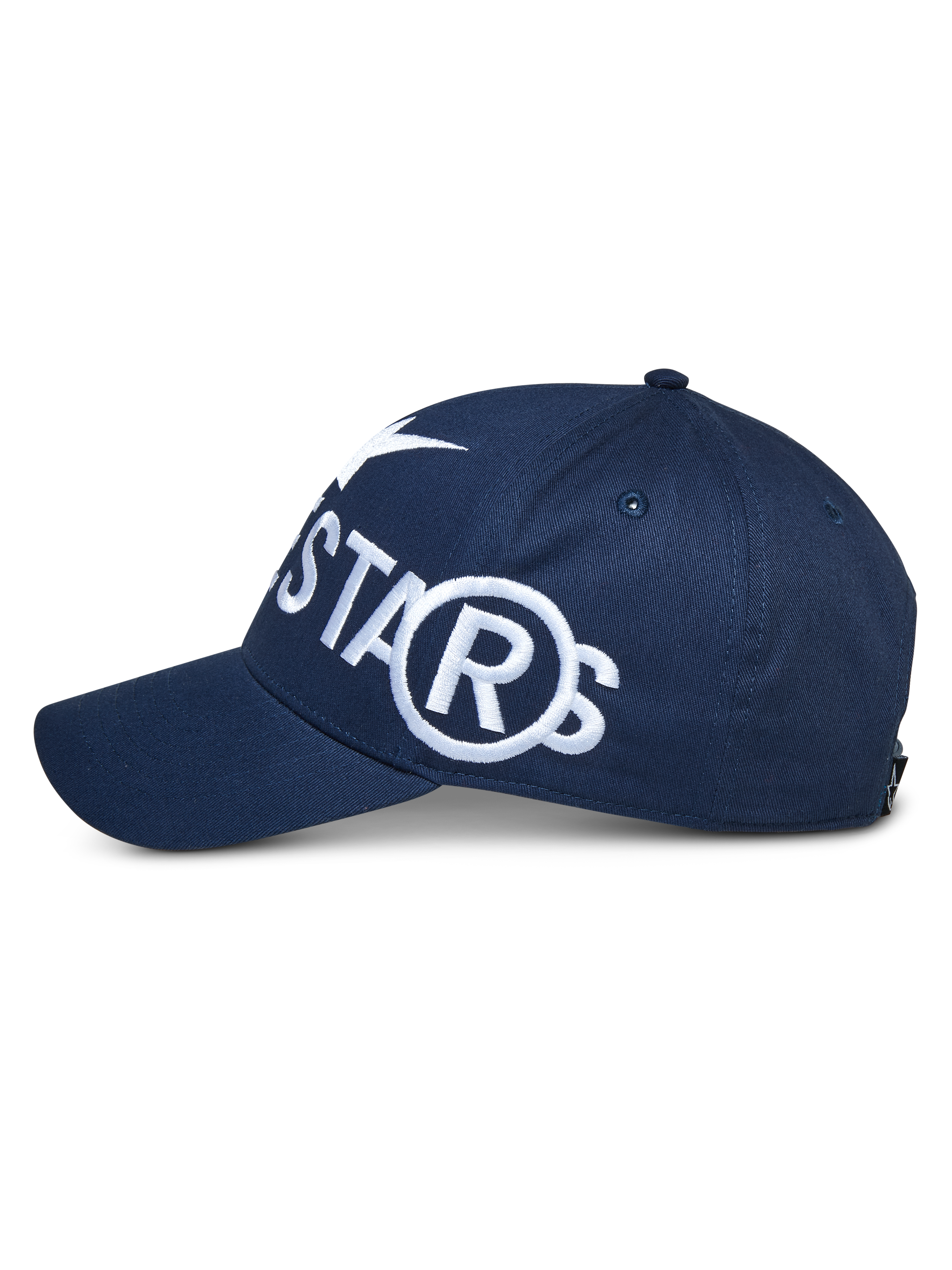 Alpinestars Committed pet, marineblauwe snapback, zijaanzicht met groot wit geborduurd logo, gebogen klep en gestructureerde kroon, casual sportkleding
