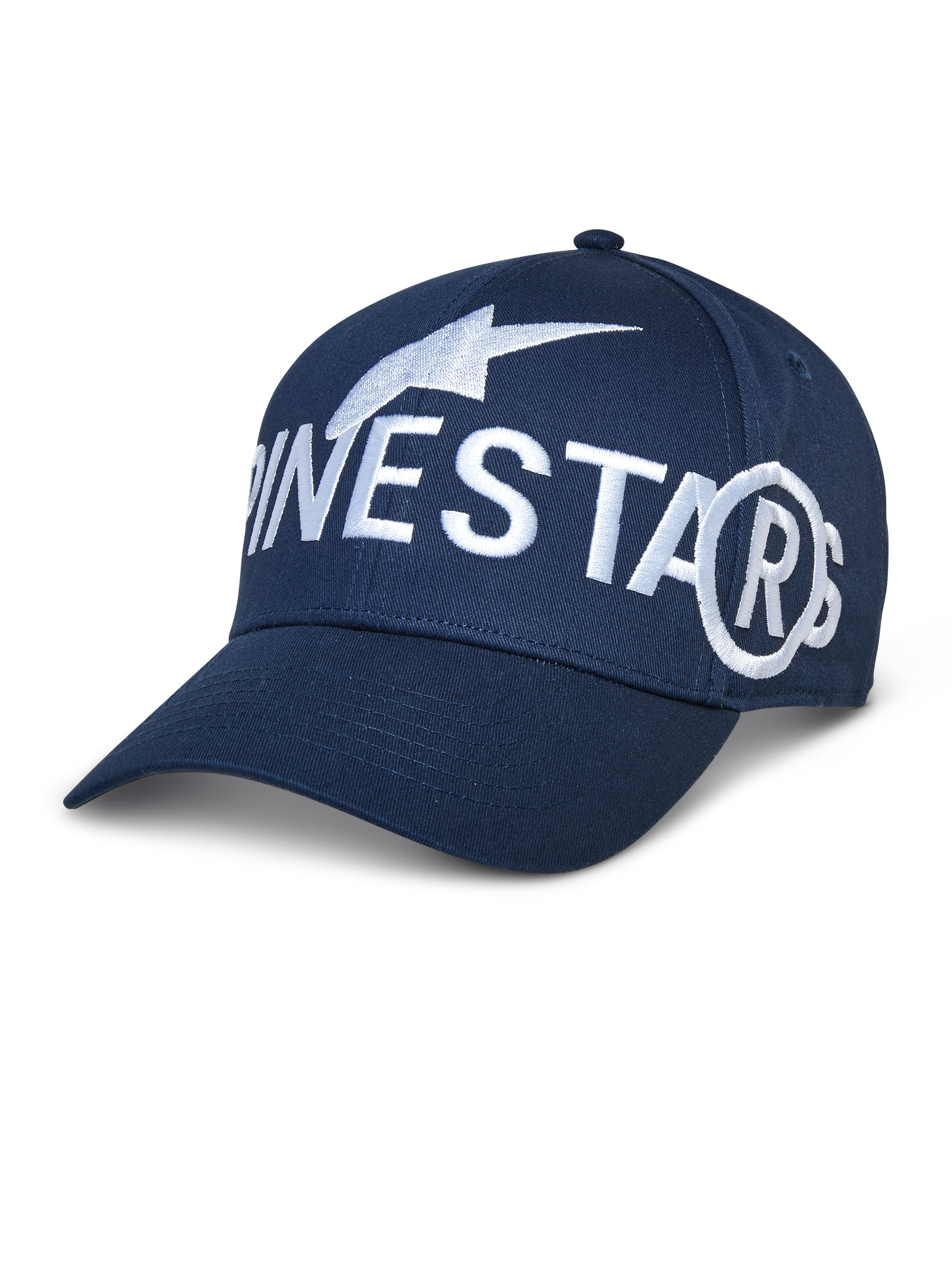 Alpinestars Committed pet, baseballcap, marineblauw, groot wit geborduurd logo, gebogen klep, gestructureerde kroon, casual sportswear