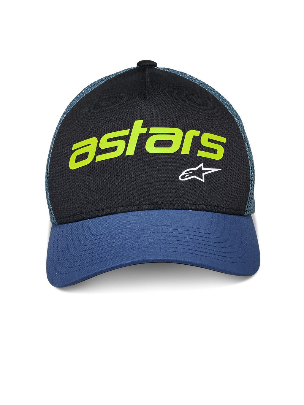 Alpinestars Vital Trucker pet, casual truckerpet, zwart en blauw met groene mesh achterzijde, voorzien van limoengroene 'astars' tekst en wit A-star logo, gebogen klep en gestructureerde kroon