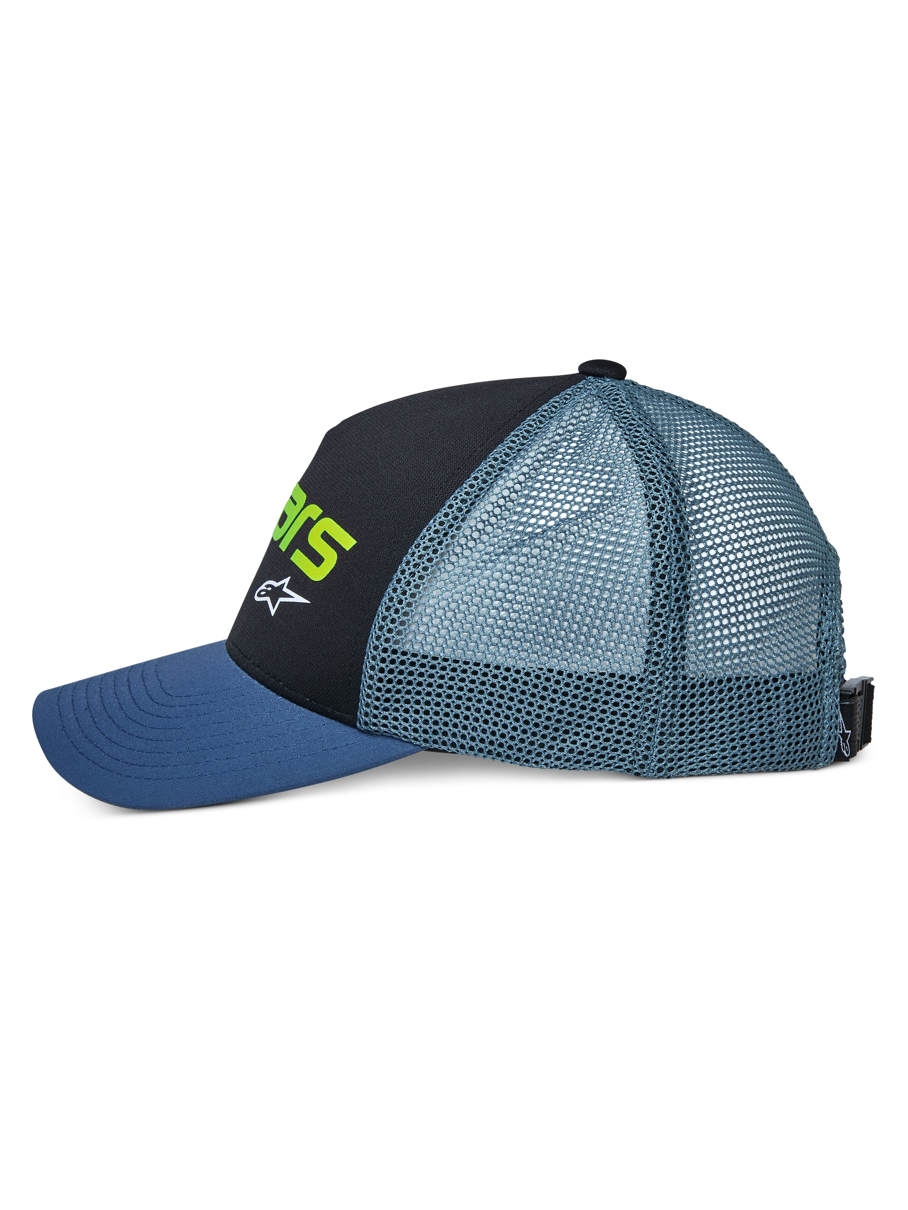 Alpinestars Vital Trucker pet, zijaanzicht, met een blauwe gebogen klep, zwart gestructureerd voorpaneel met limoengroene tekst en wit logo, groenblauwe mesh achterkant en verstelbare gespsluiting, casual motorsport hoofdbedekking