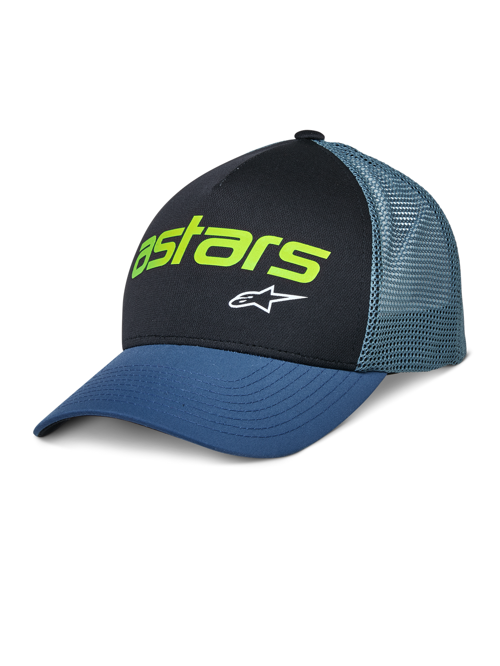 Alpinestars Vital Trucker Hat, casual truckerpet, zwart en blauw, limoengroen Astars-logo en witte ster, gestructureerde kroon, gebogen klep, geventileerde mesh achterzijde