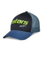 Alpinestars Vital Trucker Hat, casual truckerpet, zwart en blauw, limoengroen Astars-logo en witte ster, gestructureerde kroon, gebogen klep, geventileerde mesh achterzijde