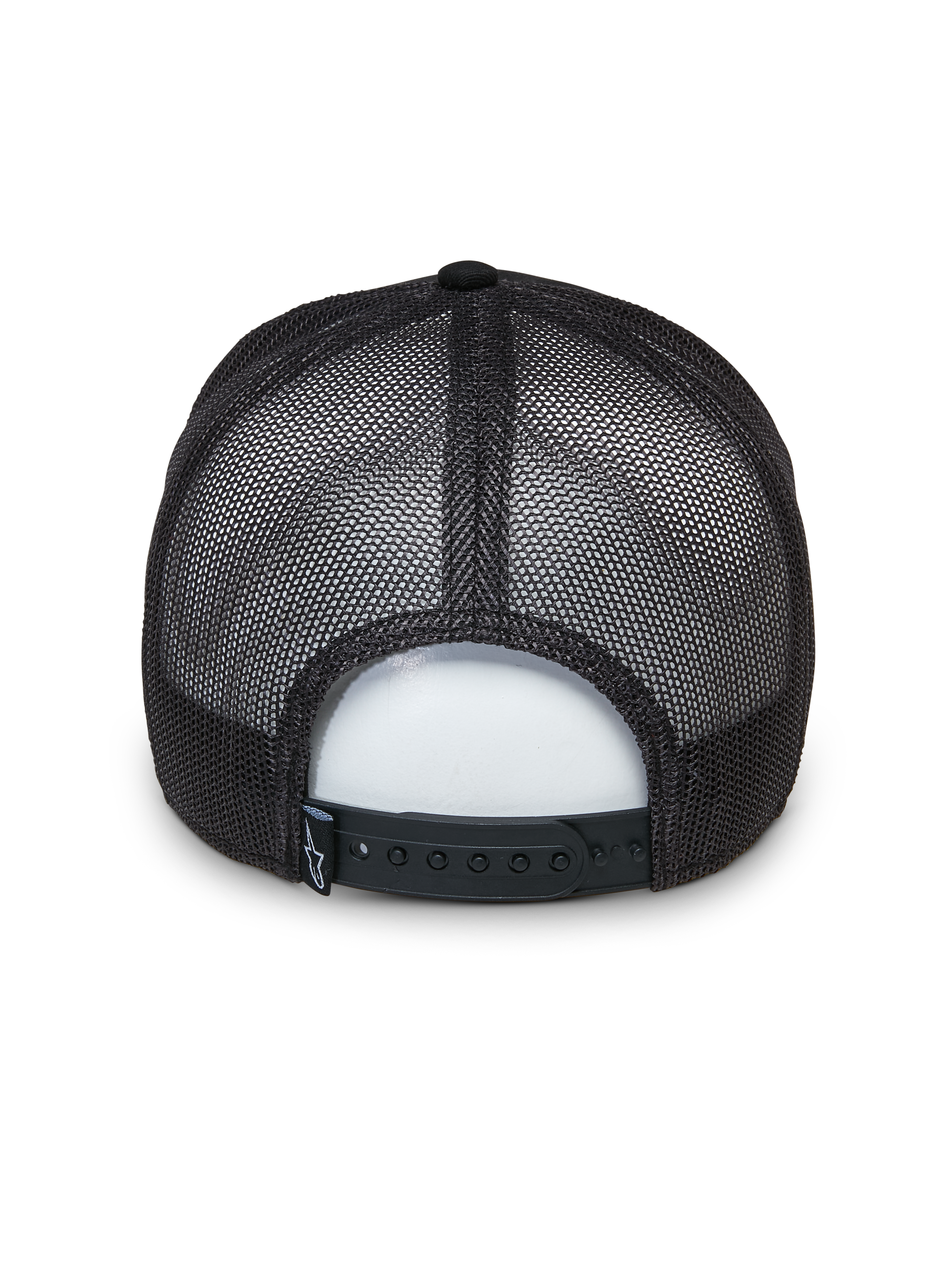 Alpinestars Selica Trucker pet, zwart, achteraanzicht met ademende mesh-panelen en een verstelbare snapback-sluiting, klein geweven logolabel, klassiek gestructureerd trucker-ontwerp voor casual wear