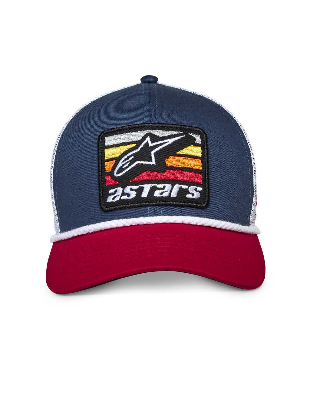 Alpinestars Selica Trucker pet, marineblauw, rood en wit, gebogen rode klep, marineblauwe gestructureerde kroon met witte mesh achterkant, geborduurd Astars patch-logo aan de voorzijde met witte gevlochten koordafwerking