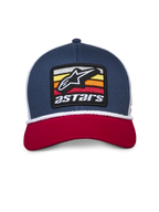Alpinestars Selica Trucker pet, marineblauw, rood en wit, gebogen rode klep, marineblauwe gestructureerde kroon met witte mesh achterkant, geborduurd Astars patch-logo aan de voorzijde met witte gevlochten koordafwerking