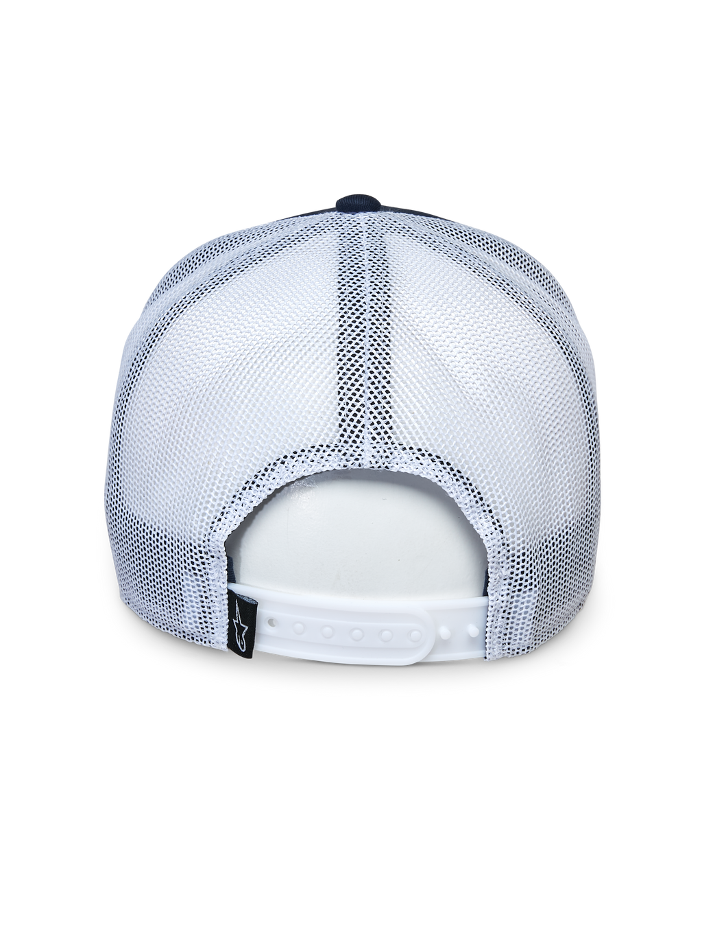 Alpinestars Selica Trucker pet, achteraanzicht, marineblauw en wit, witte mesh panelen en verstelbare snapback-sluiting, klein zwart label met logo, casual motorsport hoofdbedekking
