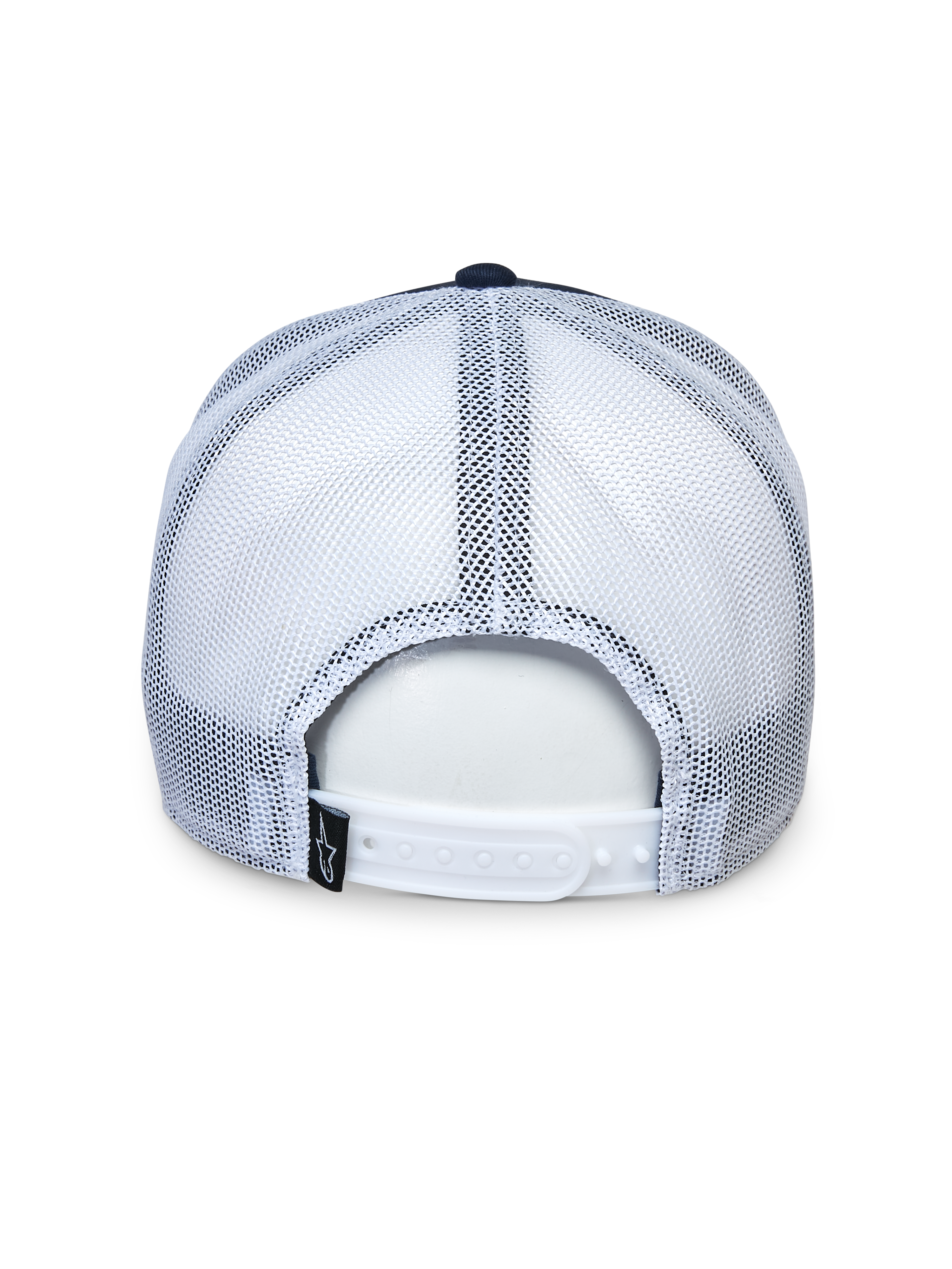 Alpinestars Selica Trucker pet, achteraanzicht, marineblauw en wit, witte mesh panelen en verstelbare snapback-sluiting, klein zwart label met logo, casual motorsport hoofdbedekking