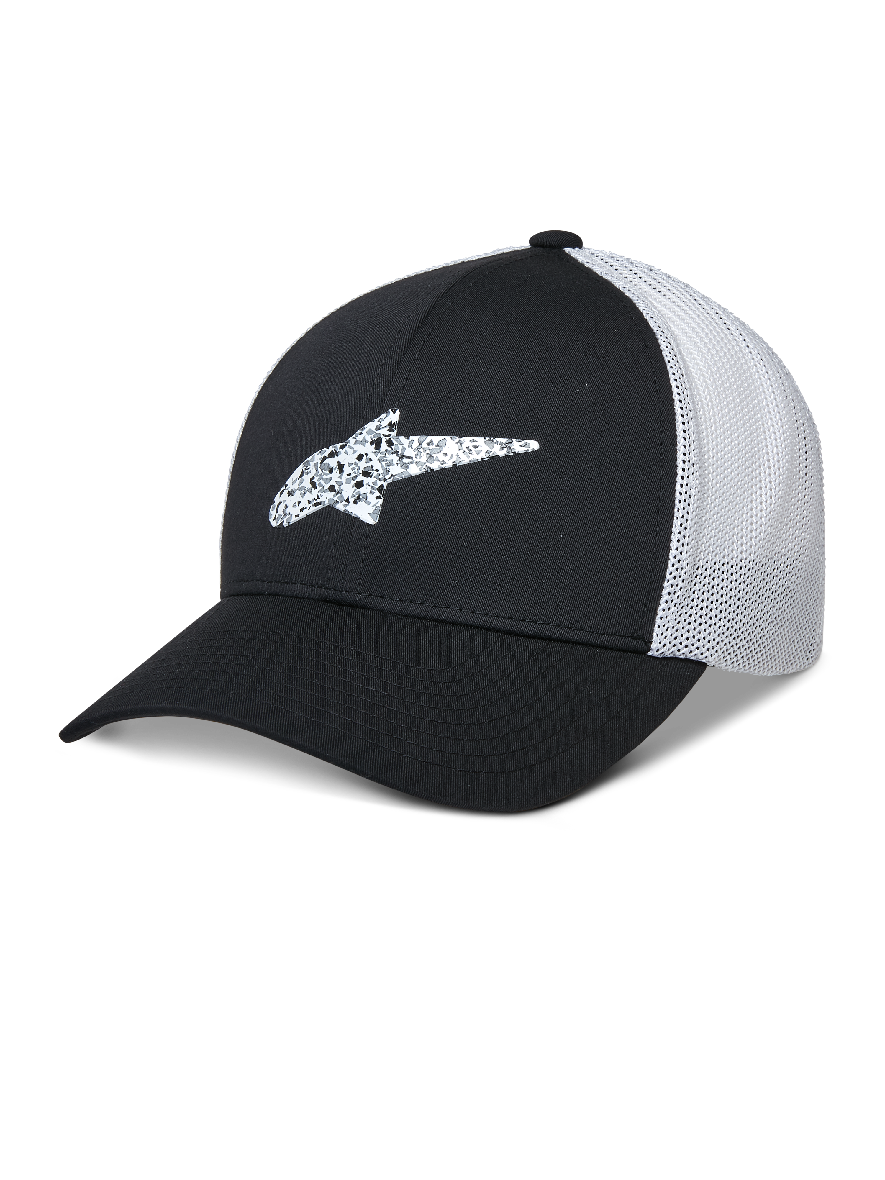 Alpinestars Terolithic Trucker Hat, zwart en wit, baseballcap met gebogen klep en gepatroneerd TPU-sterlogo, wit ademend mesh achterpaneel, gestructureerd ontwerp met lage kroon
