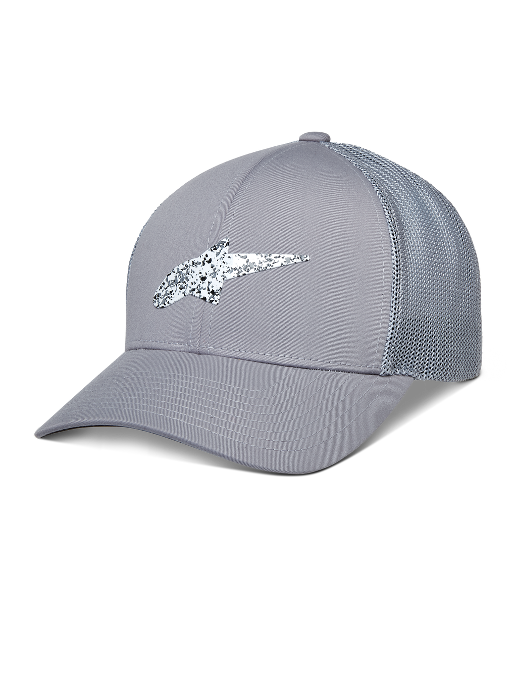 Alpinestars Terolithic Trucker Hat, grijze truckerpet, gebogen klep met mesh achterzijde, wit en zwart gespikkeld TPU-logo, casual sportkleding