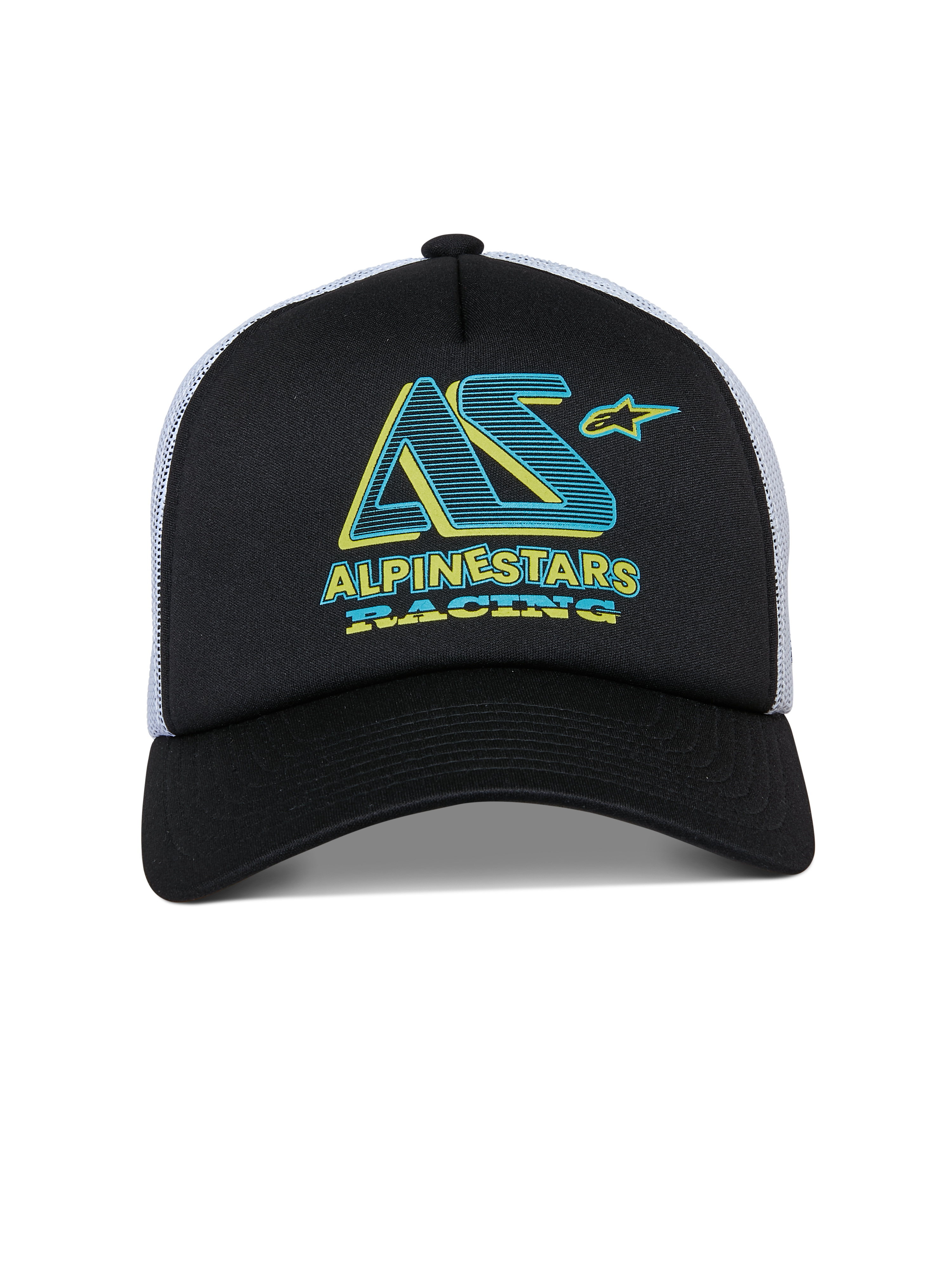 Alpinestars Ayess Trucker Pet, snapback cap, zwart en wit, groenblauwe en gele Alpinestars Racing graphic op de schuimkroon, gebogen klep en witte mesh achterzijde, casual op motorsport geïnspireerd ontwerp