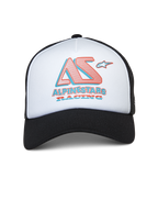 Alpinestars Ayess Trucker pet, wit en zwarte trucker pet, wit schuim voorpaneel met zwarte gebogen klep en mesh achterkant, gestileerd AS- en Alpinestars Racing-logo in rood en blauw, casual motorsport-geïnspireerde streetwear