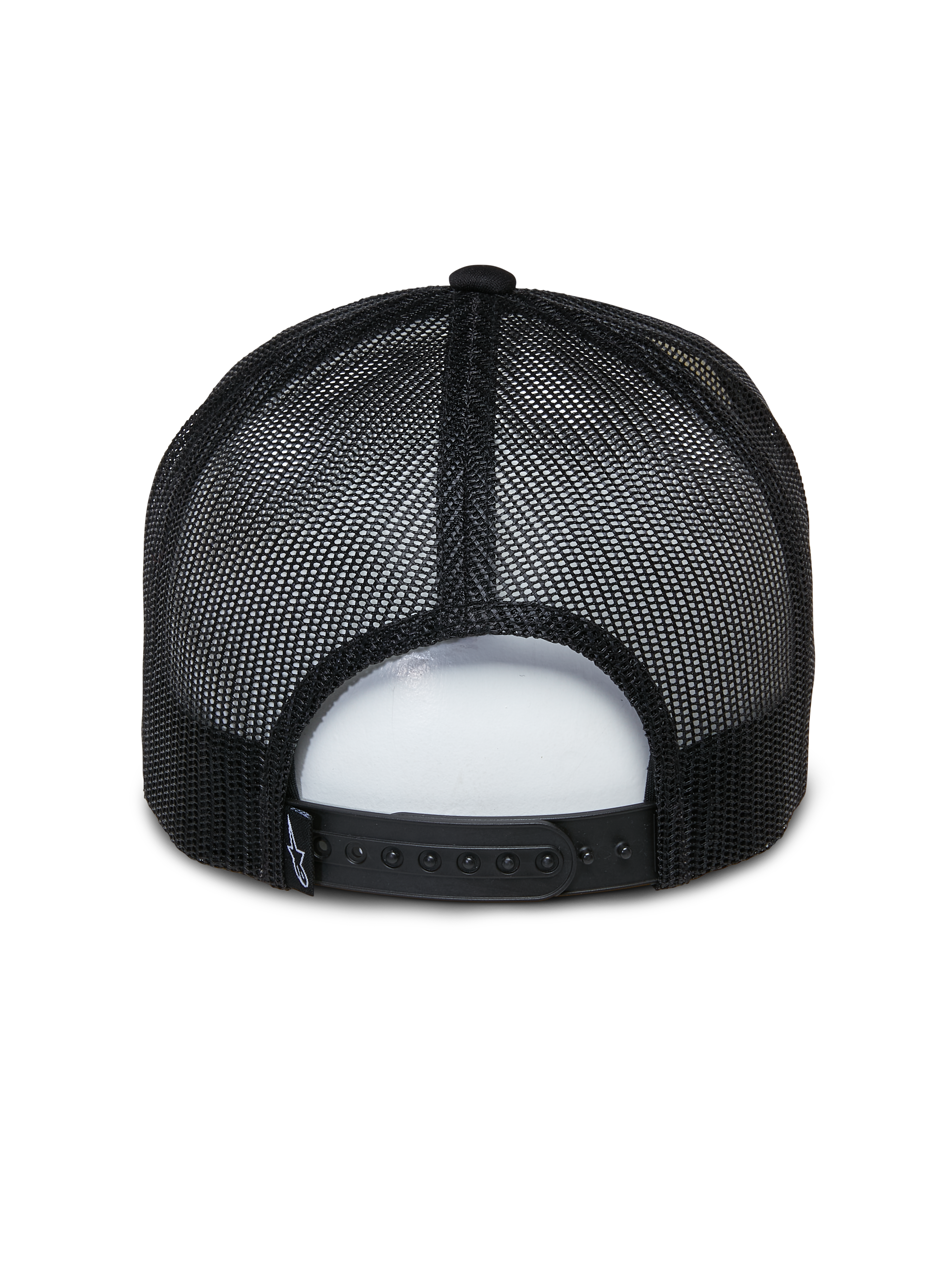 Alpinestars Ayess Trucker Pet, casual sportpet, wit en zwart, achteraanzicht met zwarte ademende mesh-panelen en verstelbare snapback-sluiting, klassiek trucker-ontwerp met schuimkroon