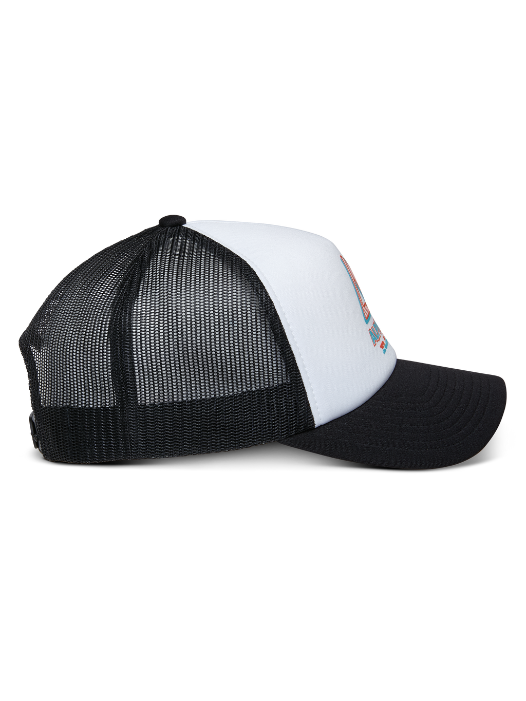 Alpinestars Ayess Trucker Pet, wit en zwart, zijaanzicht met een gebogen zwarte klep, witte foam kroon met logoprint voorop en ademende zwarte mesh achterkant, casual motorsport hoofdbedekking