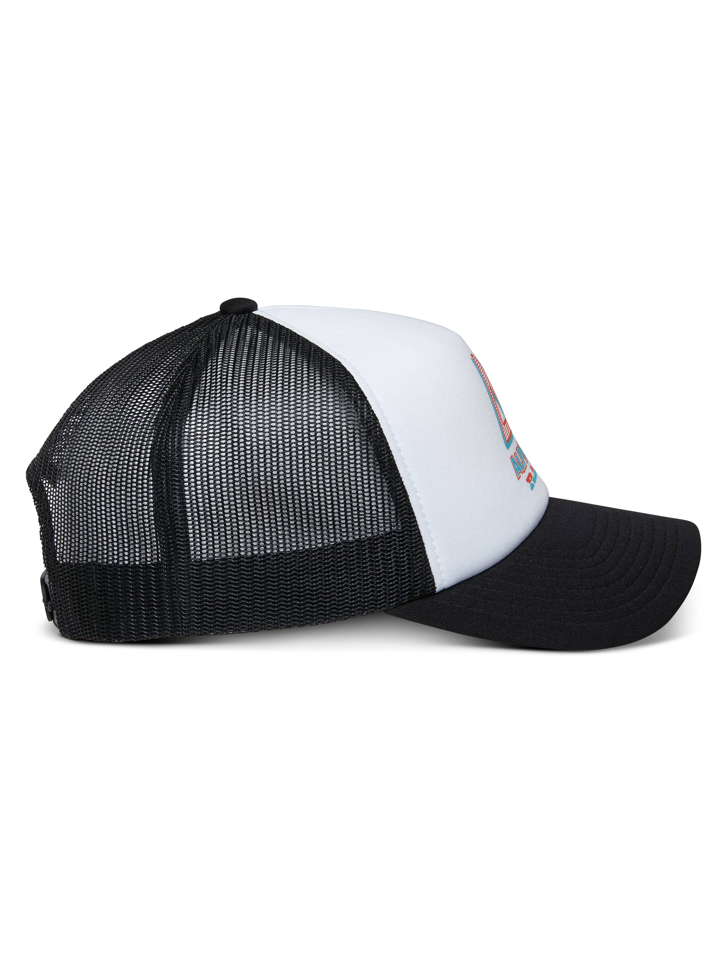 Alpinestars Ayess Trucker Pet, wit en zwart, zijaanzicht met een gebogen zwarte klep, witte foam kroon met logoprint voorop en ademende zwarte mesh achterkant, casual motorsport hoofdbedekking