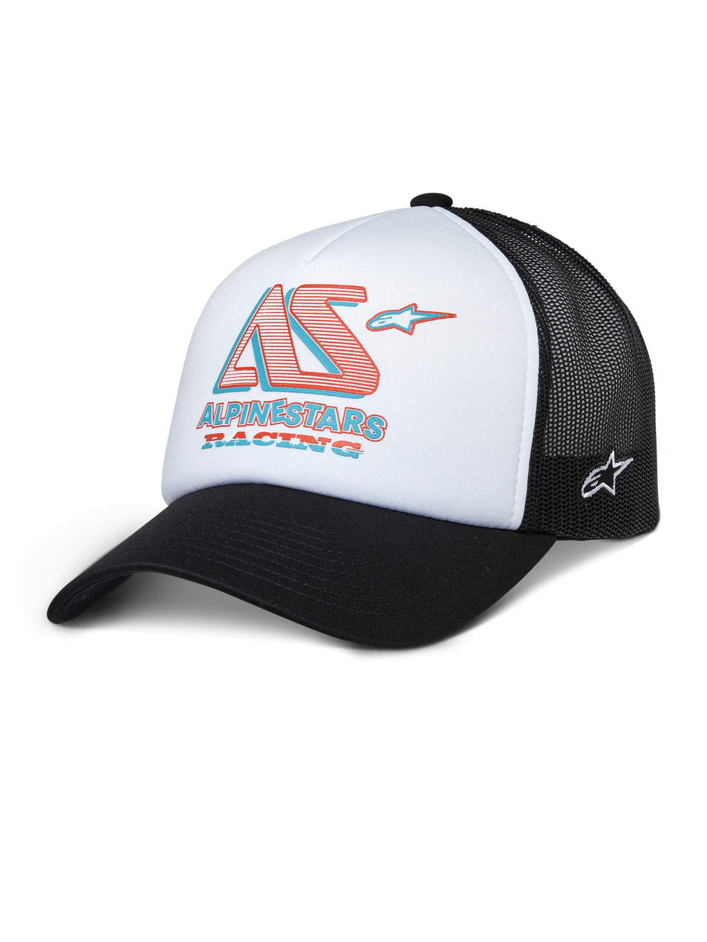Alpinestars Ayess Trucker Hat, witte en zwarte mesh pet met rood en blauw AS Racing-logo, gebogen klep, sportief casual ontwerp