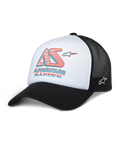 Alpinestars Ayess Trucker Hat, witte en zwarte mesh pet met rood en blauw AS Racing-logo, gebogen klep, sportief casual ontwerp