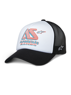 Alpinestars Ayess Trucker Hat, White and Black Mesh Cap with Red and Blue AS Racing Logo, Curved Bill, Sporty Casual Headwear