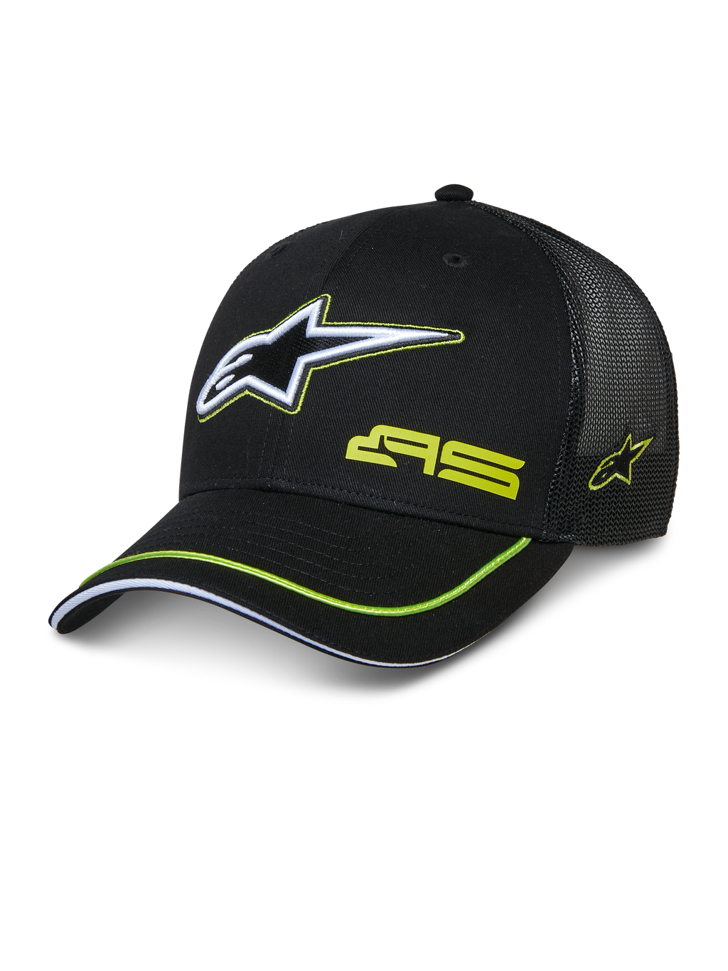 Alpinestars Exceed Trucker Hat, zwarte truckerpet met gestructureerde voorzijde en mesh achterkant, groot wit en limegroen geborduurd Astars-logo, AS-branding op de kroon, gebogen klep met limegroene bies, casual motorsport-hoofddeksel