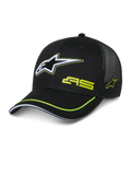 Alpinestars Exceed Trucker Hat, zwarte truckerpet met gestructureerde voorzijde en mesh achterkant, groot wit en limegroen geborduurd Astars-logo, AS-branding op de kroon, gebogen klep met limegroene bies, casual motorsport-hoofddeksel