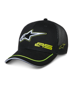 Alpinestars Exceed Trucker Hat, zwarte truckerpet met gestructureerde voorzijde en mesh achterkant, groot wit en limegroen geborduurd Astars-logo, AS-branding op de kroon, gebogen klep met limegroene bies, casual motorsport-hoofddeksel