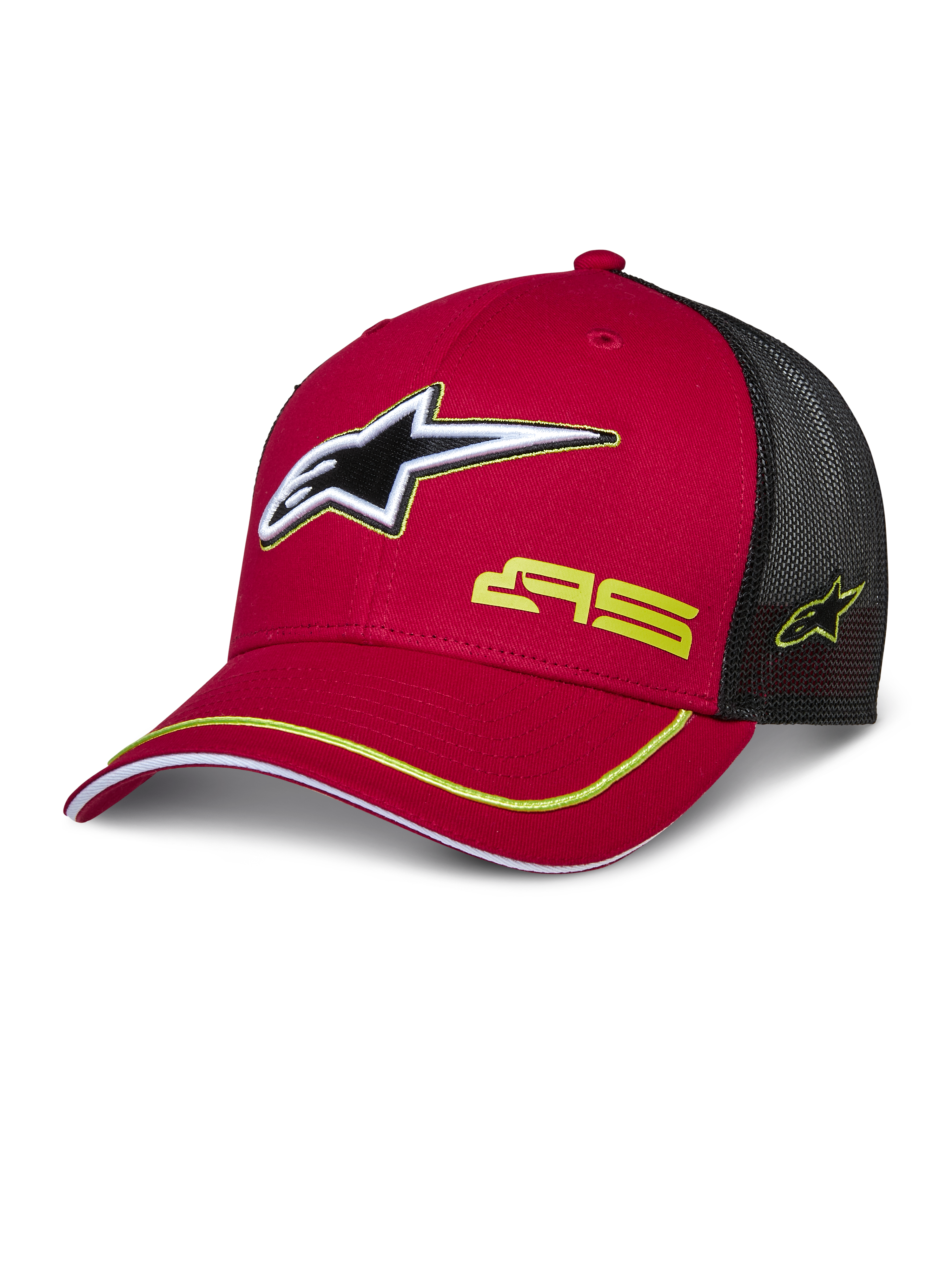 Alpinestars Exceed Trucker Hat, Red and Black, Mesh Back Baseball Cap featuring 3D Star Logo, Yellow AS Branding, and Yellow Accent Trim on Curved Brim