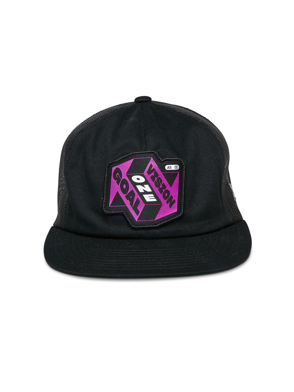 Alpinestars That Way Trucker pet, zwarte trucker cap, voorzien van een paarse en zwarte grafische patch met de tekst "One Vision One Goal", platte klep, gestructureerde kroon en mesh achterpanelen, casual headwear geïnspireerd op de motorsport