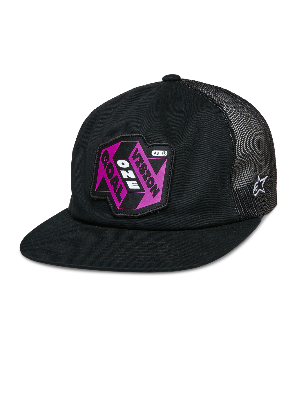 Alpinestars That Way Trucker Hat, zwarte snapback-pet met mesh achterzijde, platte klep, roze en paarse 'Vision One Goal' patch, wit Alpinestars sterlogo, casual sportkleding