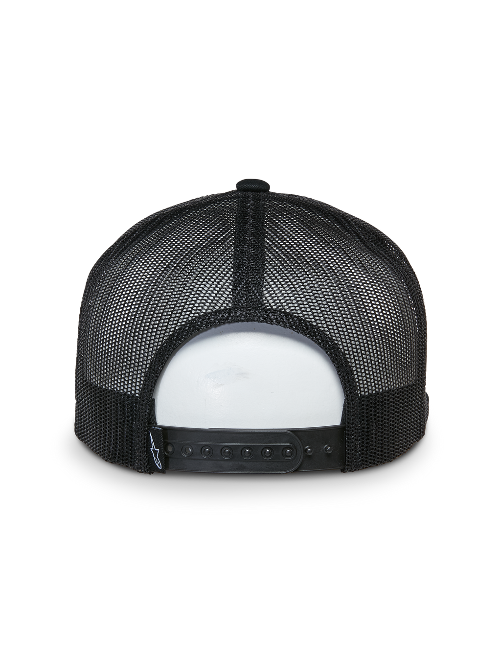 Alpinestars That Way Trucker pet, achteraanzicht, zwart, mesh panelen aan de achterzijde met verstelbare snapback-sluiting, klein geweven logo-label, casual op motorsport geïnspireerde hoofdbedekking