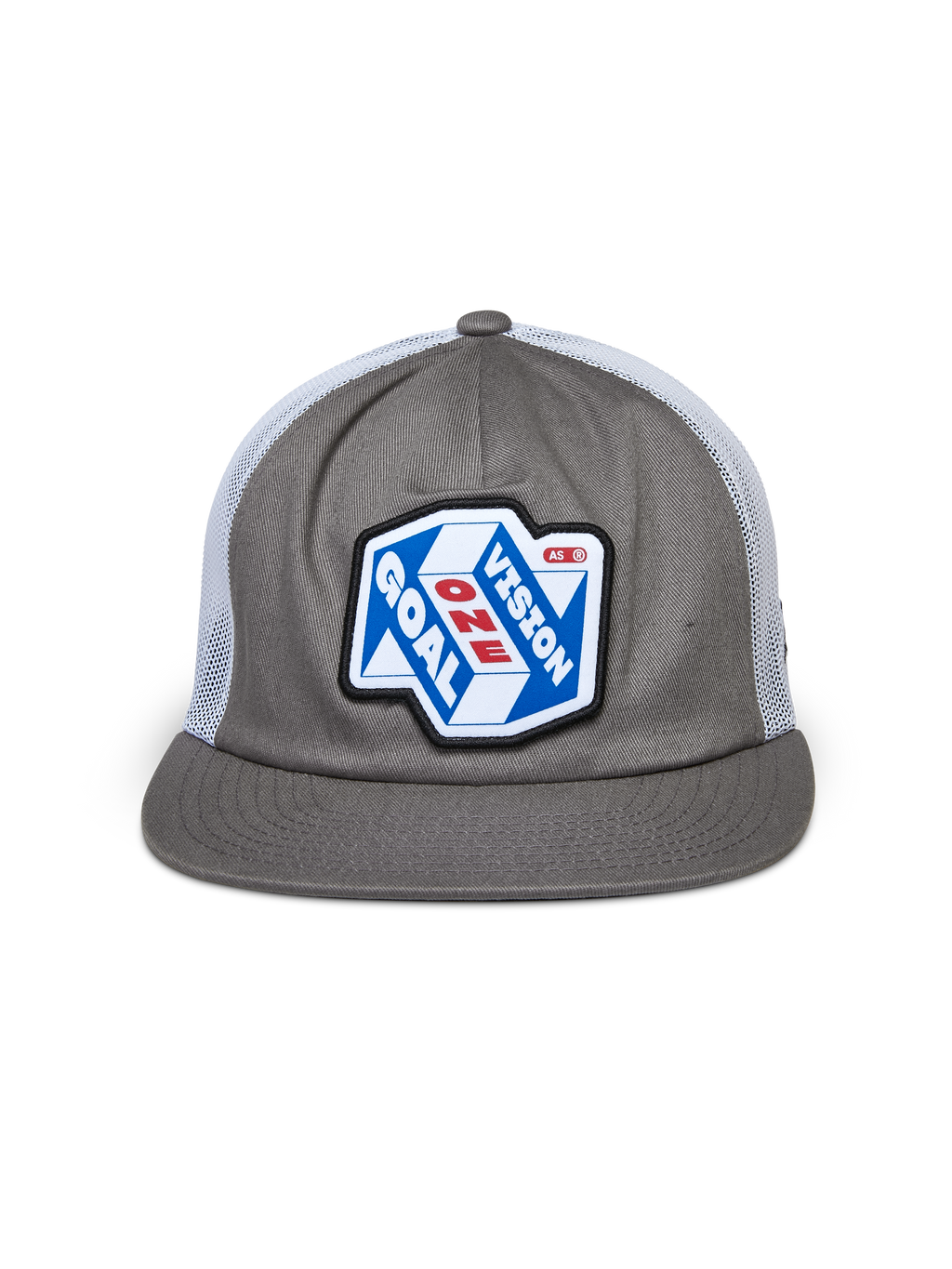 Alpinestars That Way Trucker Pet, grijs en wit, gestructureerde kroon met platte klep en witte mesh achterkant, voorzien van een grote patch op de voorzijde met 'One Goal One Vision' graphic, casual motorsport streetwear