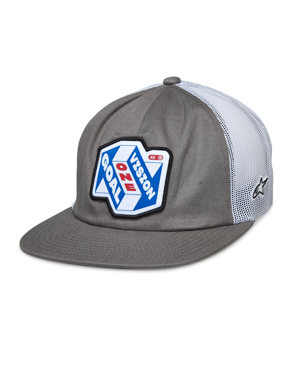Alpinestars That Way Trucker Hat, grijze en witte snapback pet met mesh achterkant, blauwe en witte grafische patch met 'ONE GOAL VISION' in rood en wit, platte klep, klein sterlogo op het mesh, casual motorsportstijl