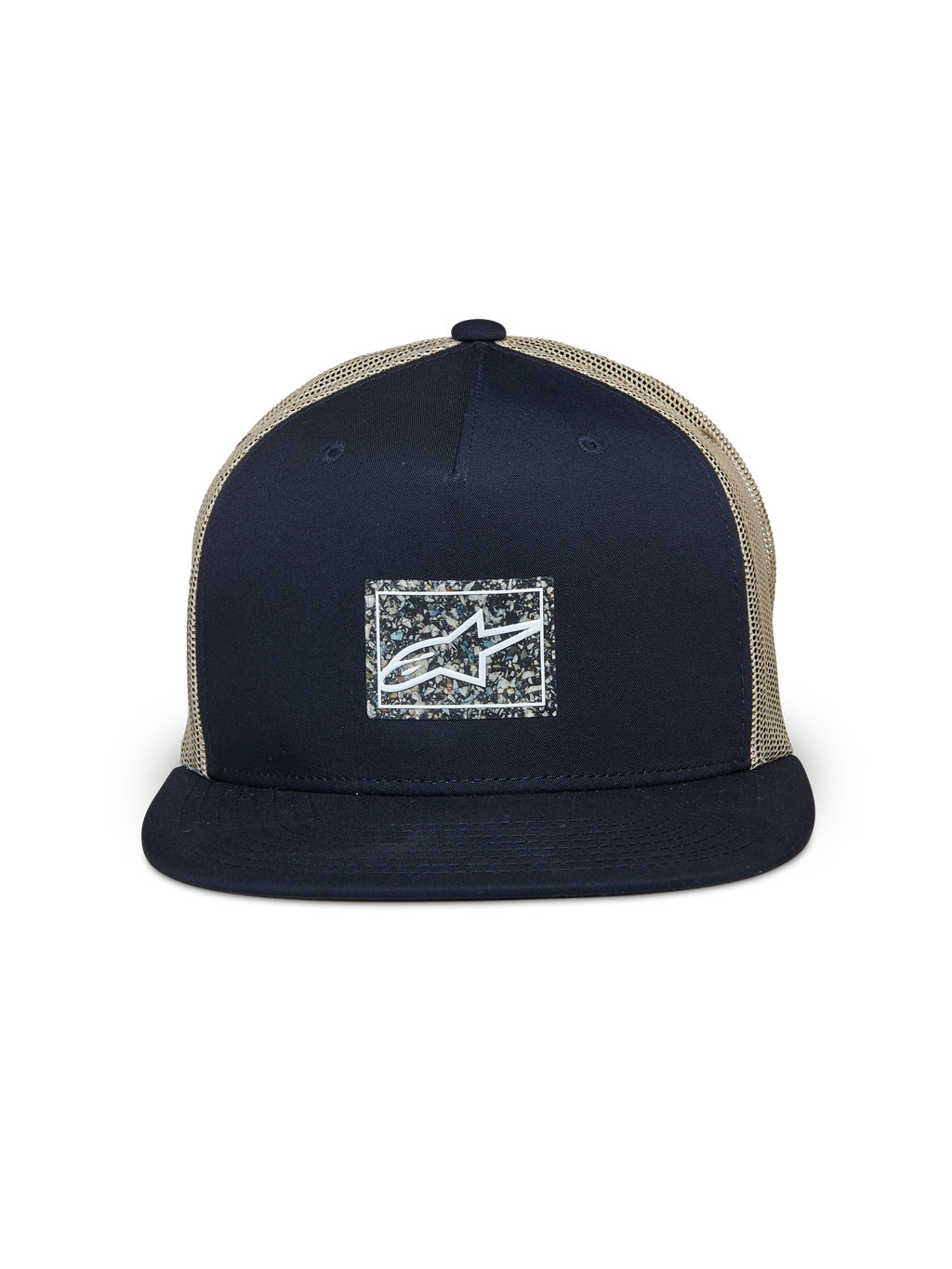 Alpinestars Mackinic Trucker Hat, Navy Blue and Khaki, Flat Bill Trucker Cap, structured navy front panel with a speckled rectangular recycled logo patch, khaki mesh back, casual motorsport-inspired headwear
