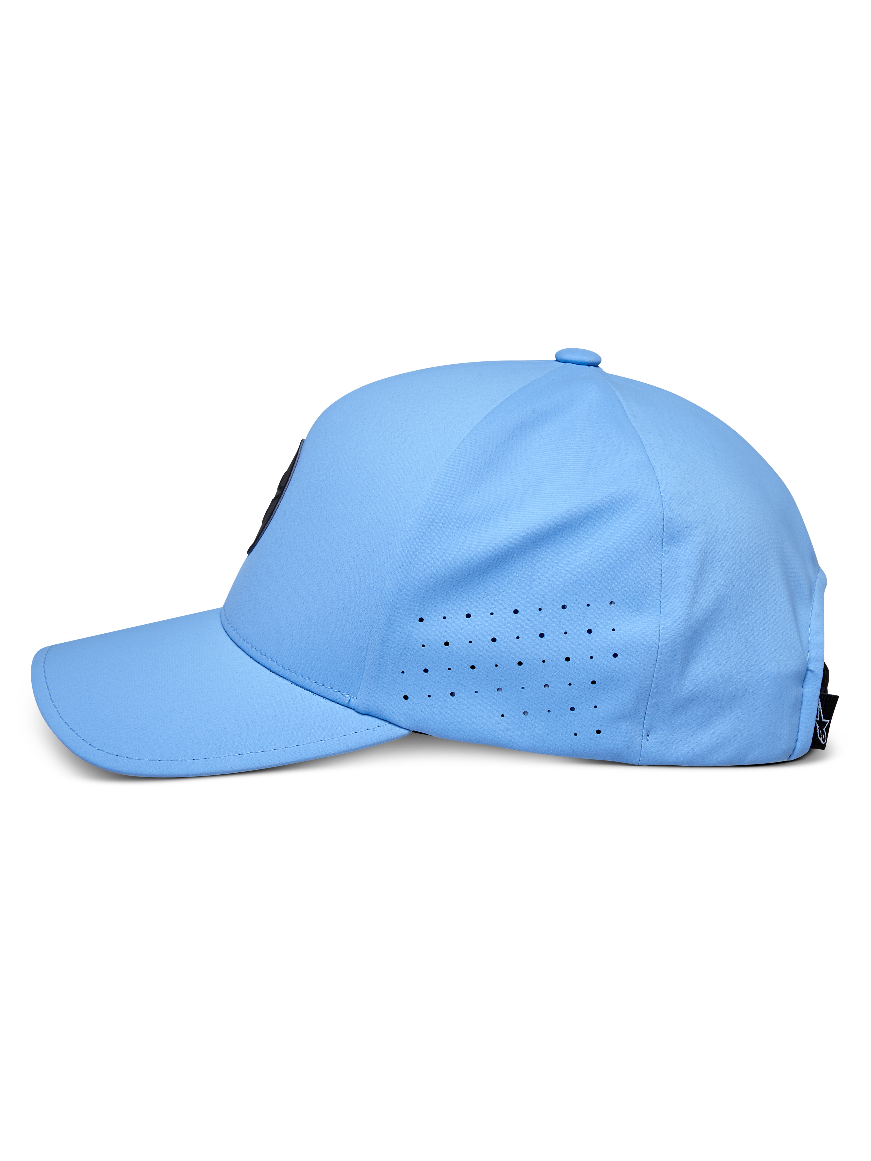 Alpinestars Apex pet, blauw, zijaanzicht, gebogen klep met geperforeerde zijpanelen voor ventilatie, technische vochtafvoerende stof, op motorsport geïnspireerde performance pet