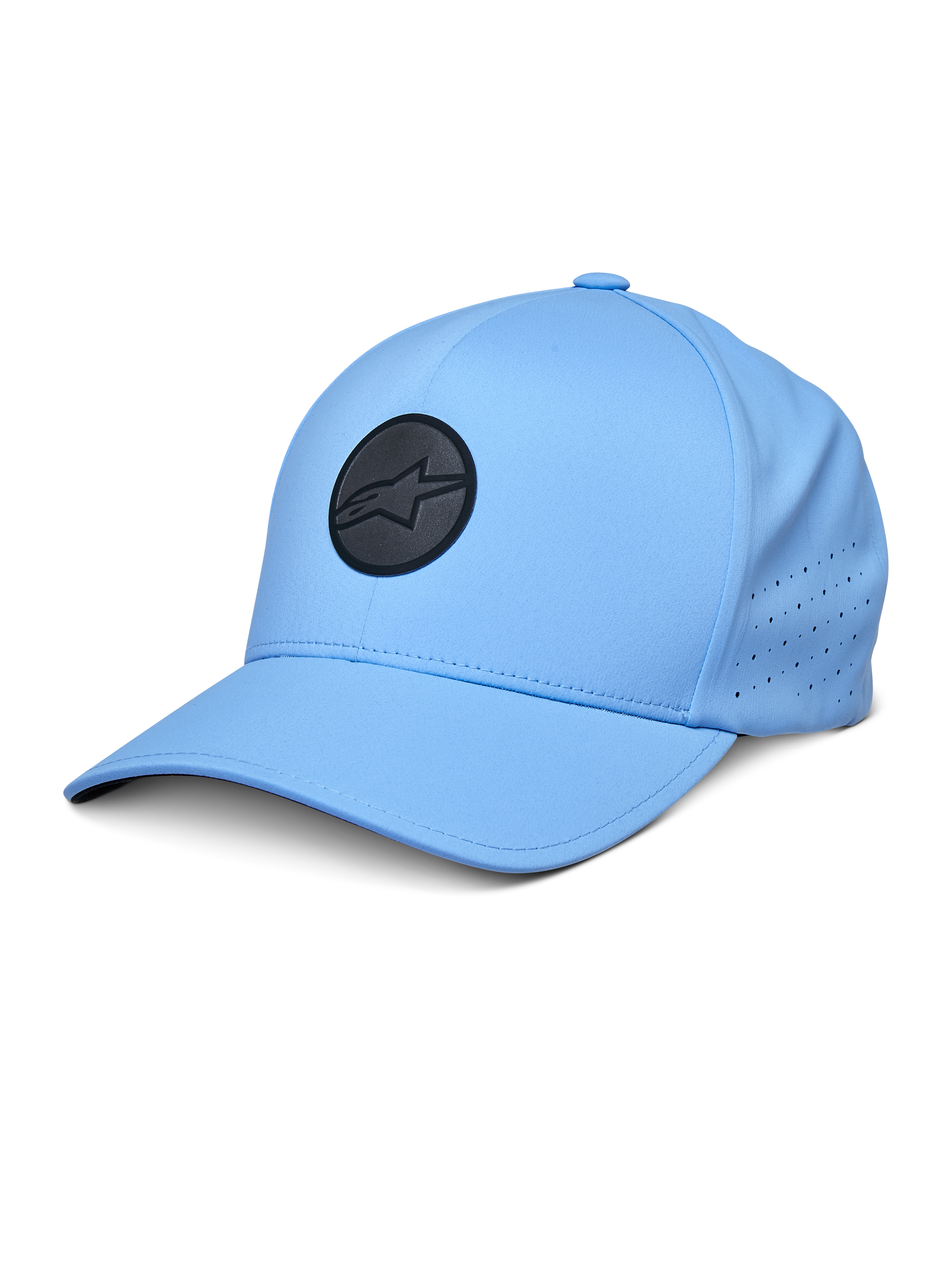 Alpinestars Apex Hat, blauwe baseballcap met een zwart cirkelvormig logo, geperforeerde zijpanelen voor ventilatie, gebogen klep, performance sportkleding