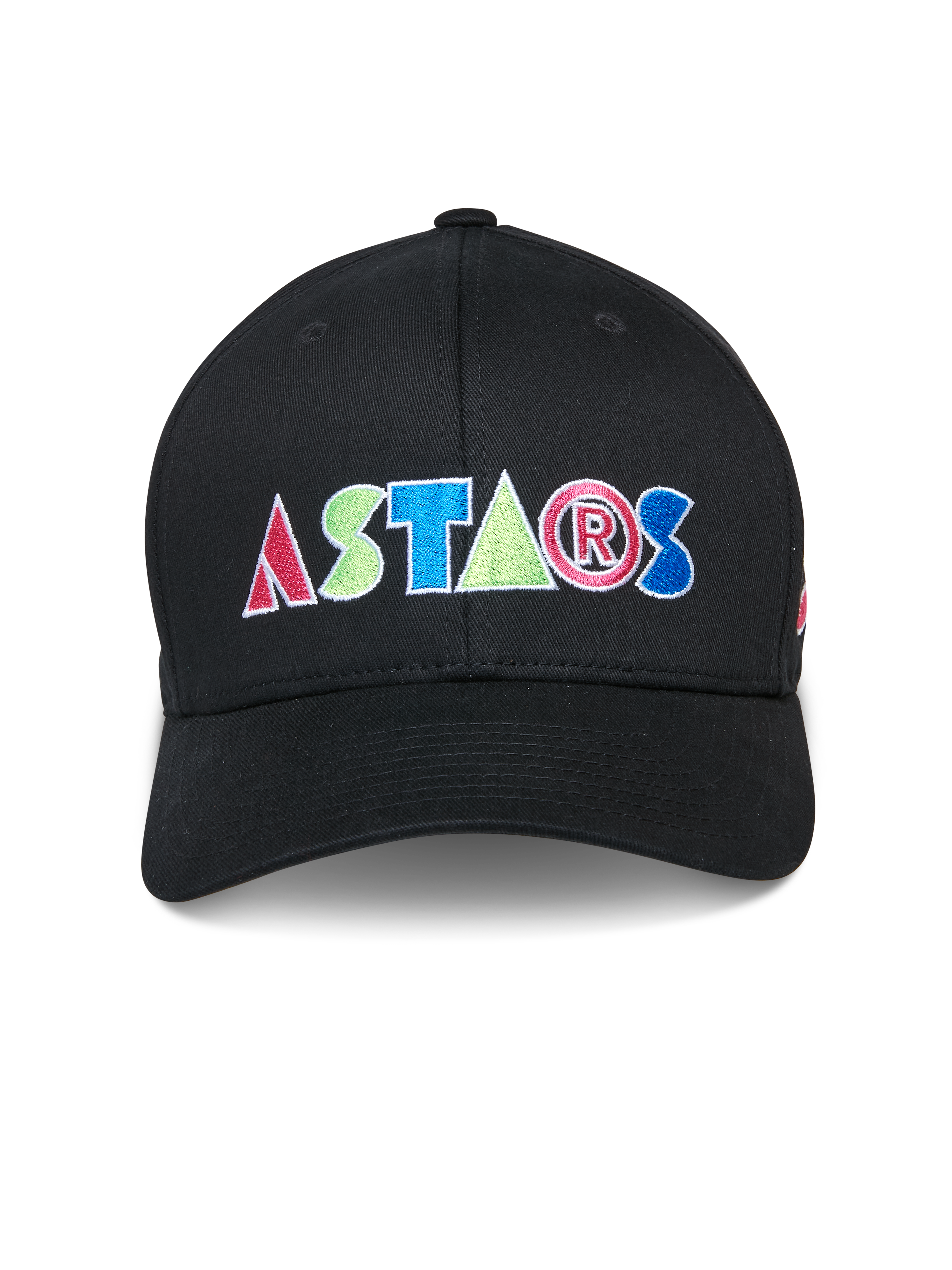 Alpinestars Cereal pet, zwarte baseballcap, kleurrijk geborduurd ASTARS-logo op de voorkant, gestructureerde kroon met gebogen klep, casual motorsport sportkleding
