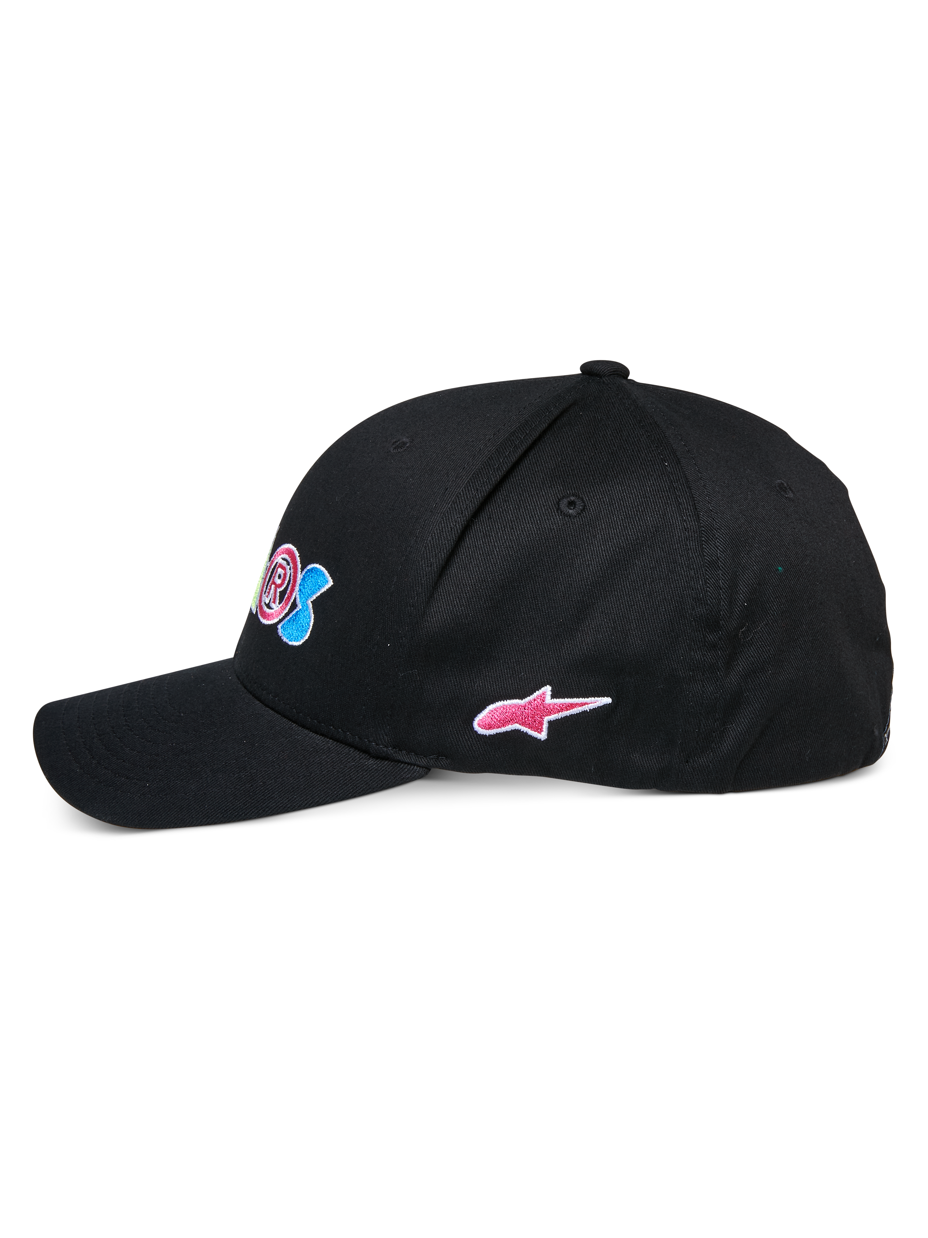 Alpinestars Cereal pet, zwarte baseballcap, zijaanzicht, gebogen klep met gestructureerde kroon, voorzien van kleurrijk borduursel aan de voorzijde en een roze Alpinestars sterlogo aan de zijkant, casual sportswear hoofdbedekking