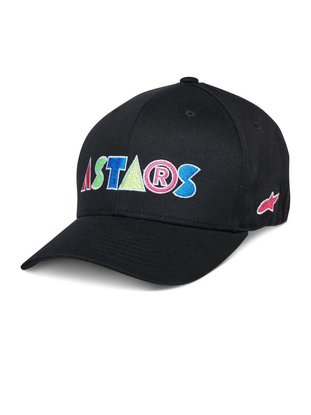 Alpinestars Cereal Pet, zwarte baseballcap met kleurrijke geborduurde ASTARS-letters in rood, blauw, roze en groen, gebogen klep, casual lifestyle hoofdbedekking