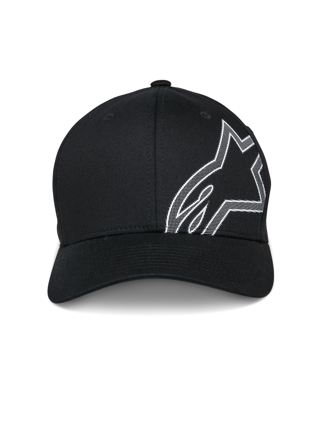 Alpinestars Share pet, zwarte baseballcap met een grote witte HD puff-print omtrek van het Astars-logo aan de zijkant, gebogen klep, gestructureerde kroon, casual op motorsport geïnspireerde sportkleding