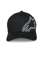 Alpinestars Share pet, zwarte baseballcap met een grote witte HD puff-print omtrek van het Astars-logo aan de zijkant, gebogen klep, gestructureerde kroon, casual op motorsport geïnspireerde sportkleding