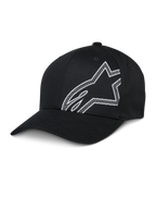 Alpinestars Share Hat, zwarte baseballcap, wit omlijnd Astars-logo, gebogen klep, gestructureerde kroon, casual sportkleding