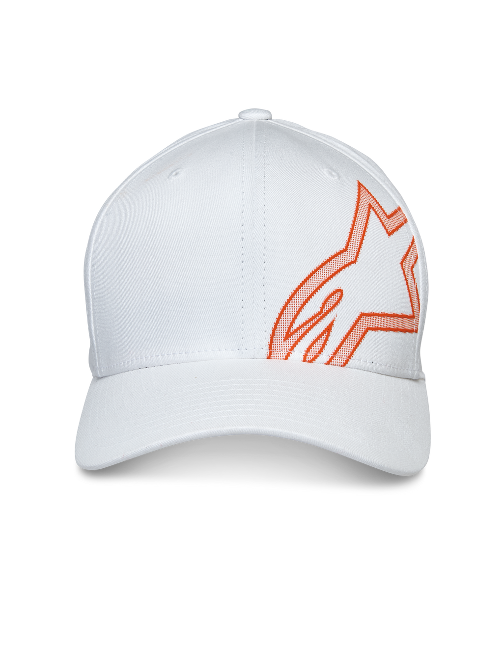 Alpinestars Share pet, witte baseballcap met een groot oranje HD puff print Astars-logo op de zijkant, gebogen klep en gestructureerde kroon, casual motorsport hoofdbedekking