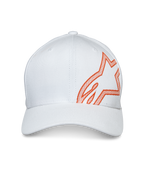 Alpinestars Share pet, witte baseballcap met een groot oranje HD puff print Astars-logo op de zijkant, gebogen klep en gestructureerde kroon, casual motorsport hoofdbedekking