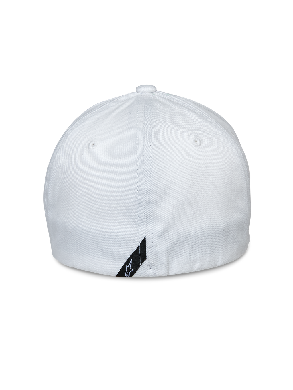 Alpinestars Share Pet, achteraanzicht, witte baseballcap met flexibele achterkant, stretch keperstof, voorzien van een klein zwart logolabel aan de onderrand, casual sportaccessoire