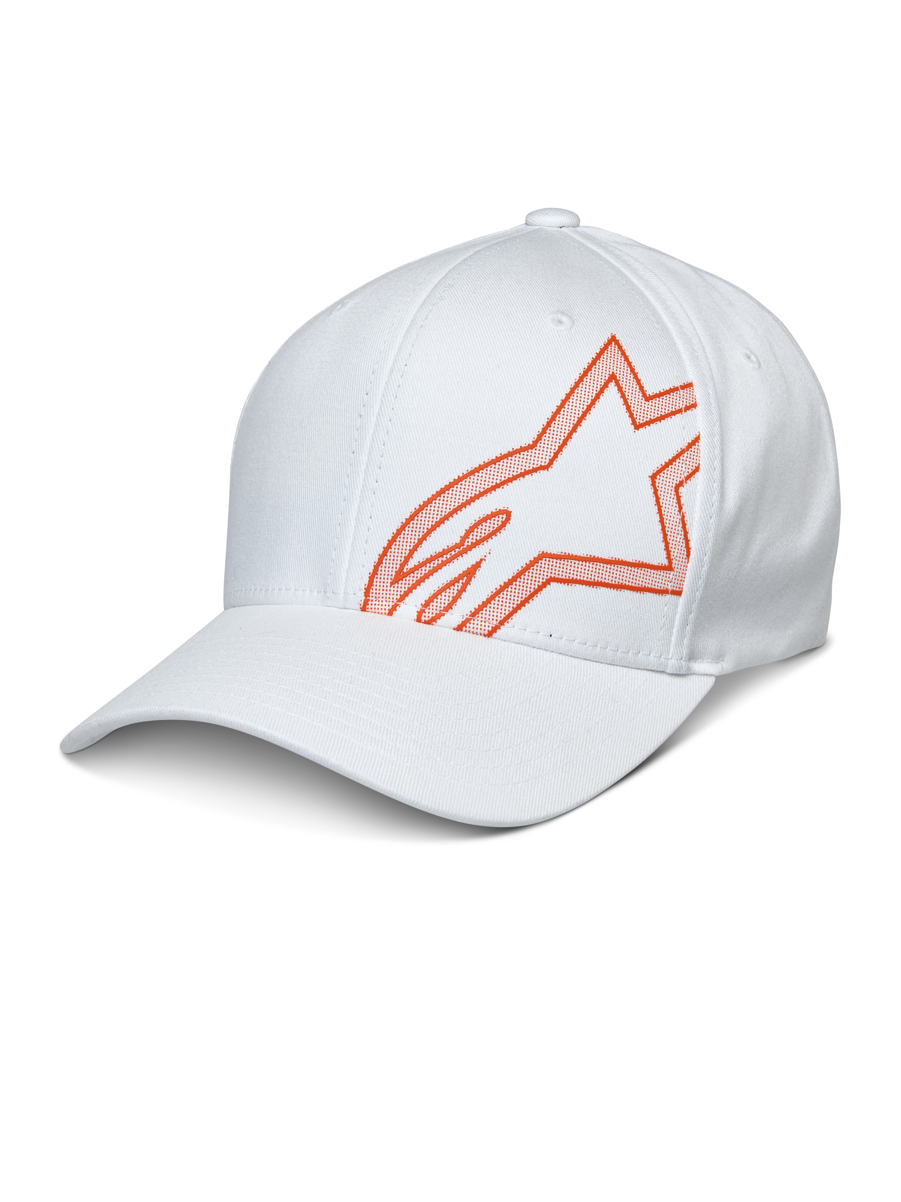 Alpinestars Share pet, witte baseballcap met oranje HD puff print Astars logo, gebogen klep en gestructureerde kroon, casual motorsport sportkleding