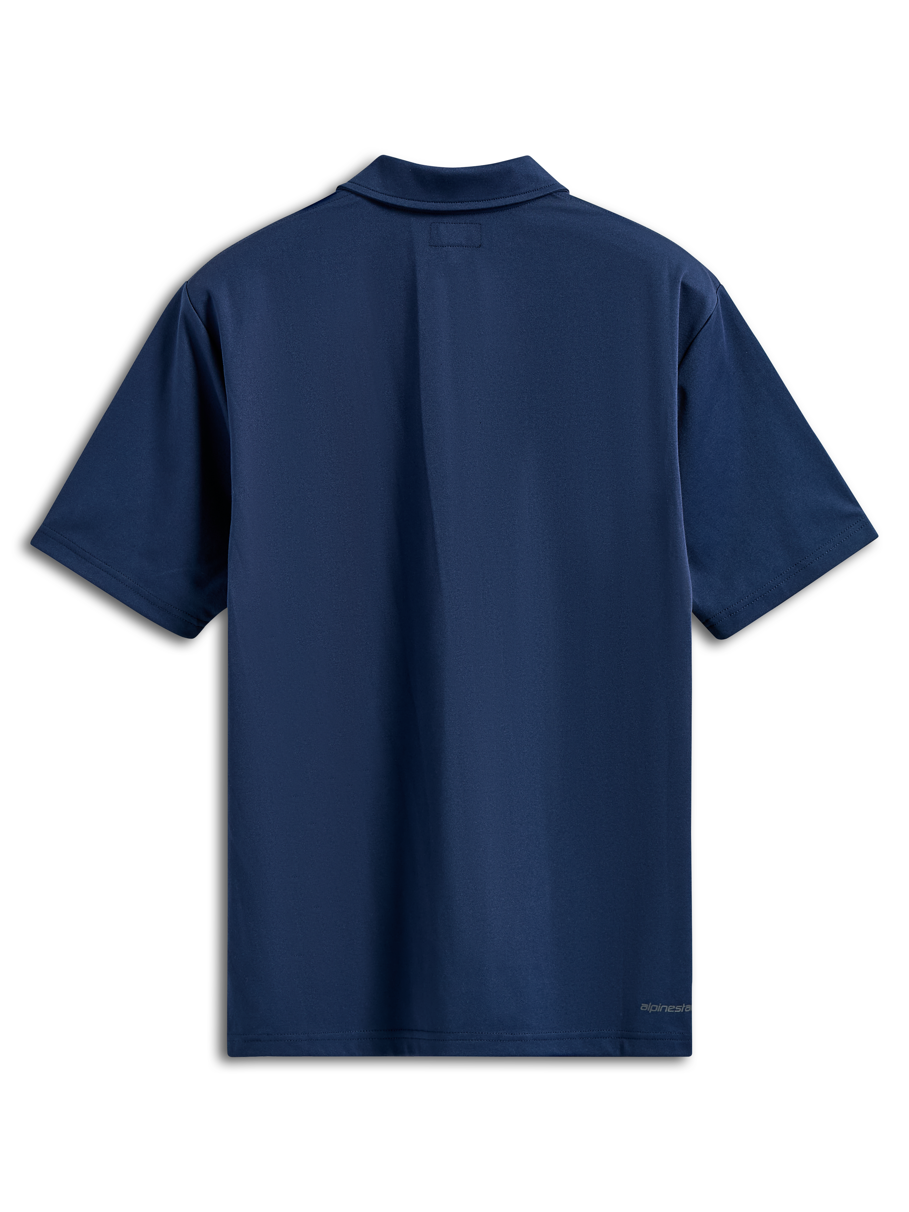 Alpinestars Impetus Sport Polo, polo met korte mouwen, marineblauw, achteraanzicht met een zelfkraag en klein woordlogo op de zoom rechtsonder, casual motorsport streetwear
